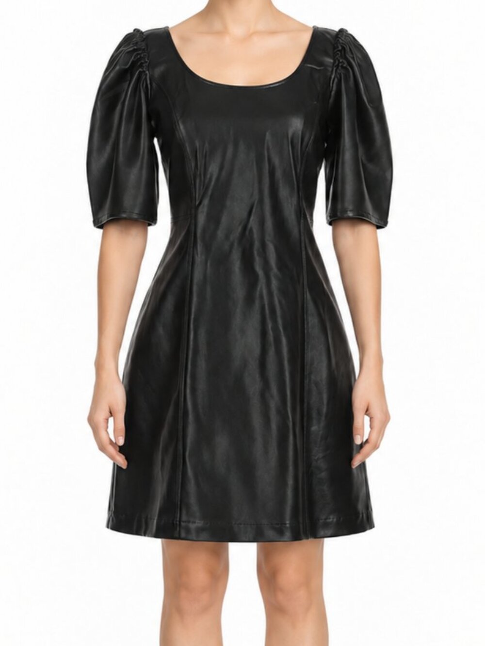 GAP Black Faux Leather Puff Sleeve A-Line Mini Dress, 2